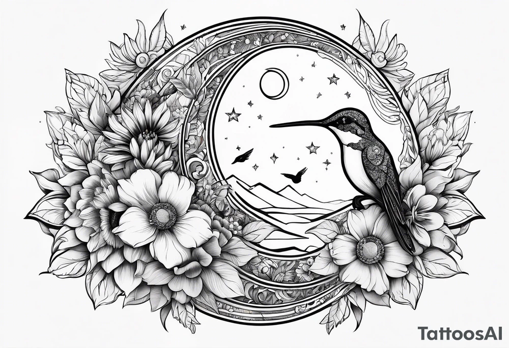 Floral sun and moon with hummingbird tattoo idea