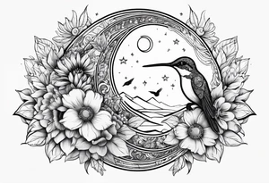 Floral sun and moon with hummingbird tattoo idea