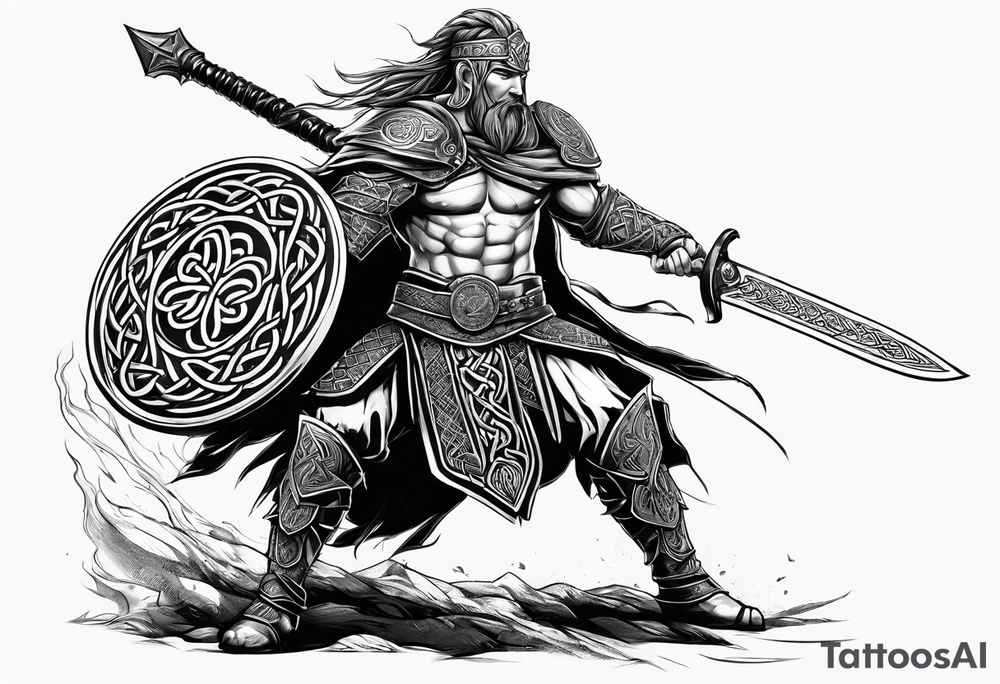 Side full body shot of Celtic warrior with weapon drawn. tattoo idea