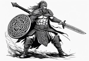 Side full body shot of Celtic warrior with weapon drawn. tattoo idea
