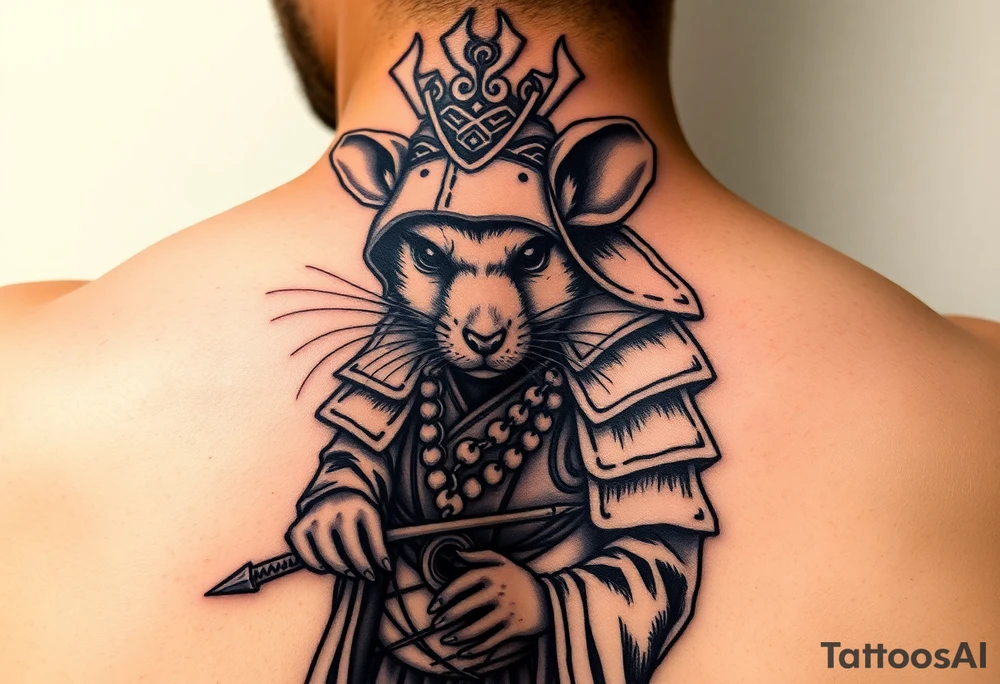 rat dressed up as queen samurai tattoo idea