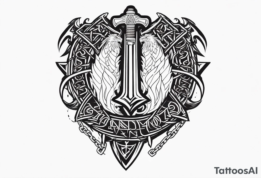 Valhalla sword shield dragon axe Valknut barbed wire chains tattoo idea Valhalla sword shield dragon axe Valknut barbed wire chains tattoo idea