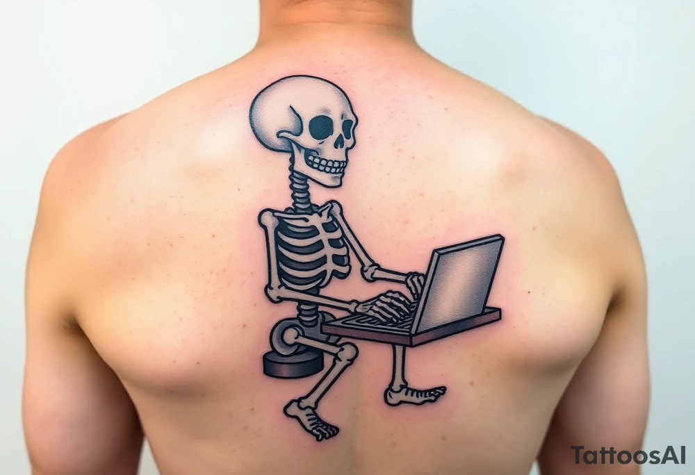 skeleton working at a desk with a laptop tattoo idea