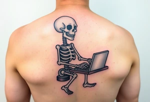 skeleton working at a desk with a laptop tattoo idea