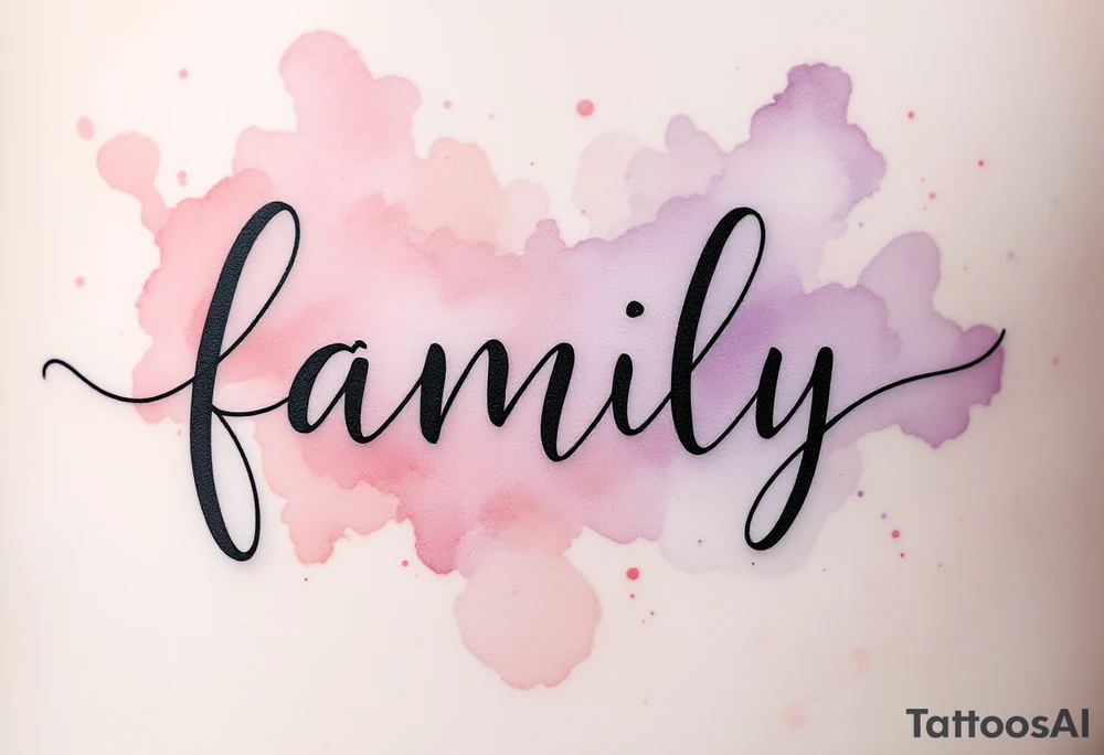 A watercolor splash in dusty rose and lavender behind the word family in sleek black ink. tattoo idea