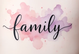 A watercolor splash in dusty rose and lavender behind the word family in sleek black ink. tattoo idea