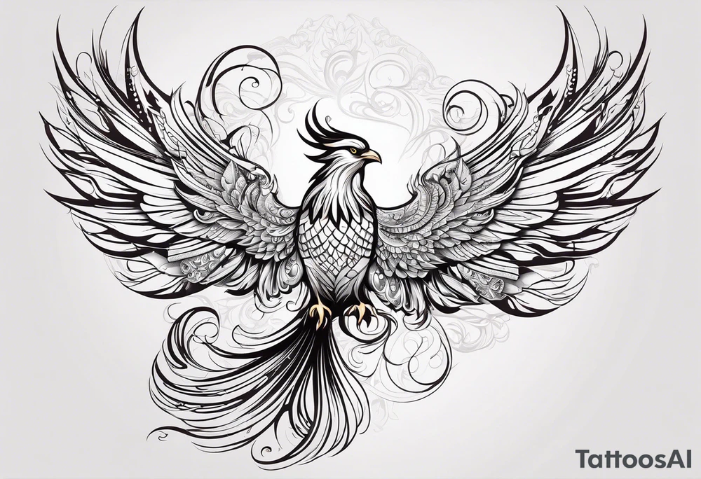 russian firebird phoenix in-flight with very long fancy tail with Yarilo symbol tattoo idea