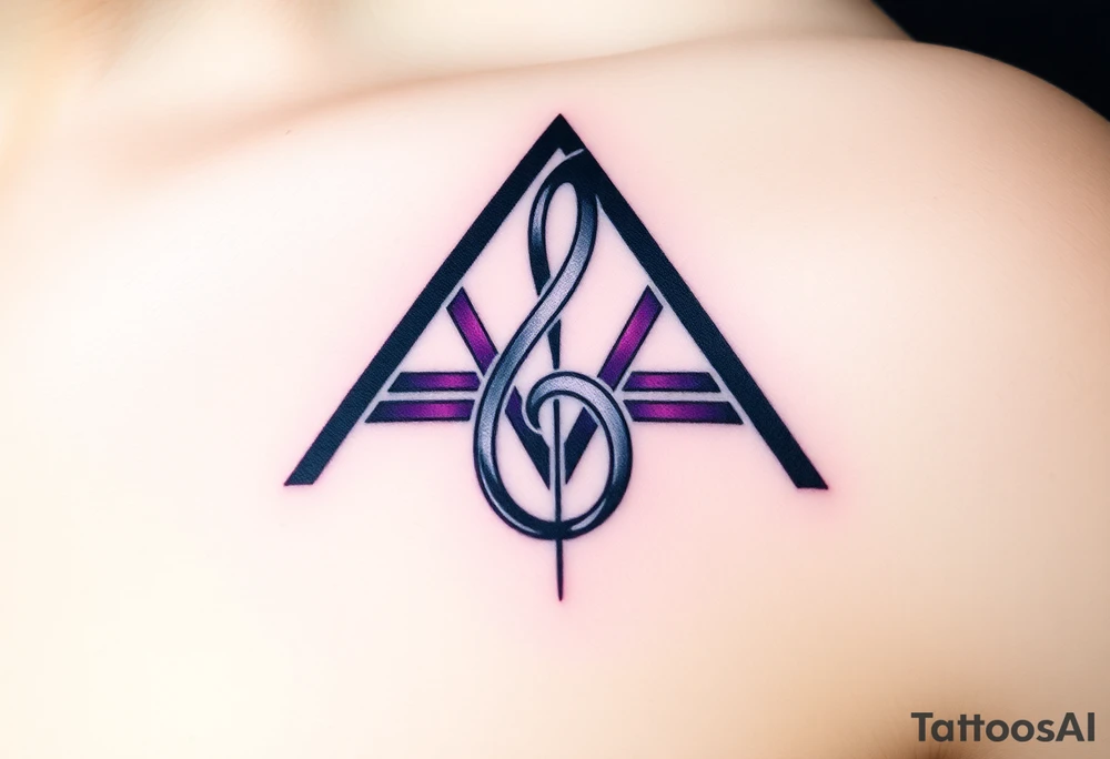 A treble clef composed of interlocking triangles, with deep blues, purples, and silver lines, symbolizing the complexity of music. tattoo idea