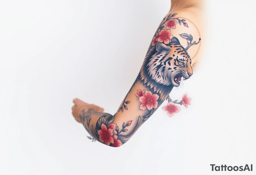 Full arm sleeve, one koi fish, one tiger, the sun, cherry blossom filler, beautiful tattoo idea