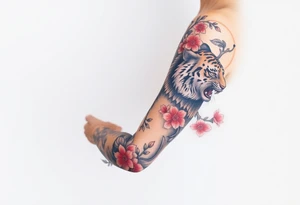 Full arm sleeve, one koi fish, one tiger, the sun, cherry blossom filler, beautiful tattoo idea