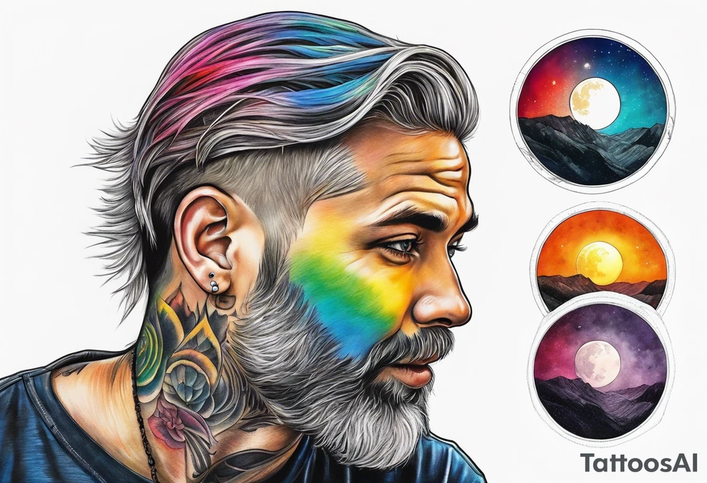Full moon realistic, with one side rainbow edge tattoo idea
