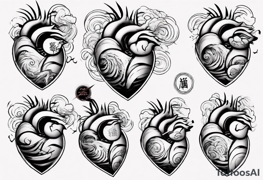 anatomic heart which consists of  Japanese waves painting tattoo idea