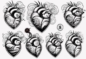 anatomic heart which consists of  Japanese waves painting tattoo idea