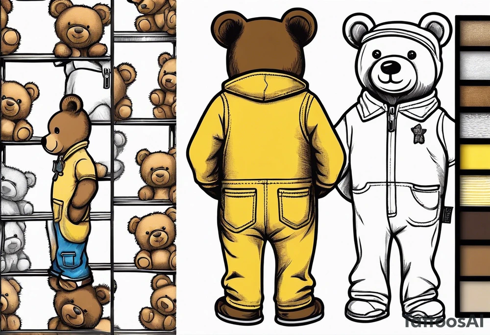 the back of one standing, skinny, brown ,
teddy bear in long, yellow overalls tattoo idea