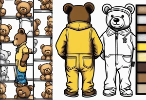 the back of one standing, skinny, brown ,
teddy bear in long, yellow overalls tattoo idea