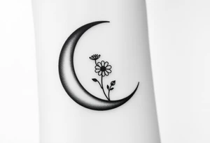 Small black and white tattoo waxing crescent moon with small Daisy birth flower and tiny Leo gliph tattoo idea