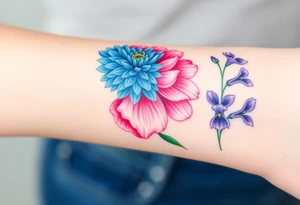 Three separate flowers. Blue Chrysanthemum, pink Peony, and Purple Larkspur. tattoo idea