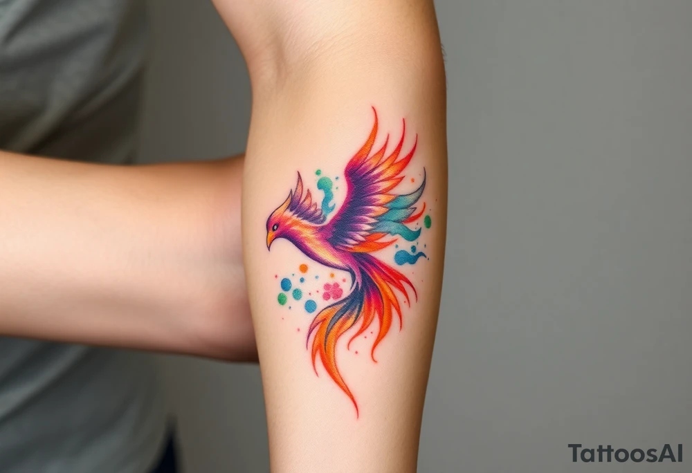 Phoenix with blazing flames with purple, orange, teal and green splashes tattoo idea