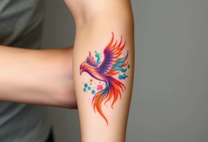 Phoenix with blazing flames with purple, orange, teal and green splashes tattoo idea