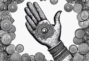 The hand of hindu goddess Laxmi with coins falling out of her hand tattoo idea