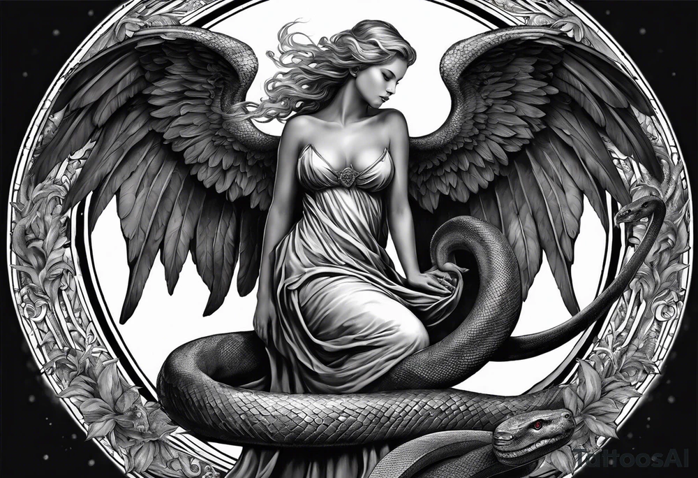 Lucifer (half angel and half snake) wraps the moon tattoo idea
