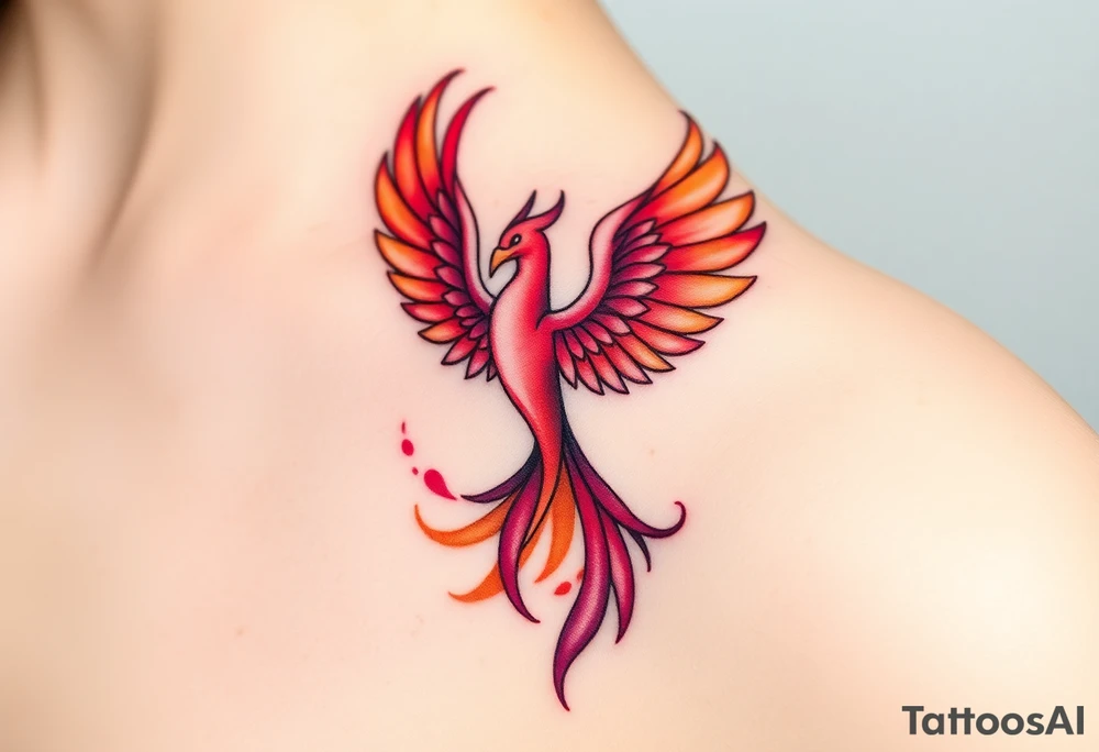 Square, phoenix rising from fire with both wings opened, colors red, pink, orange and purple. tattoo idea
