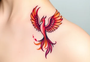 Square, phoenix rising from fire with both wings opened, colors red, pink, orange and purple. tattoo idea