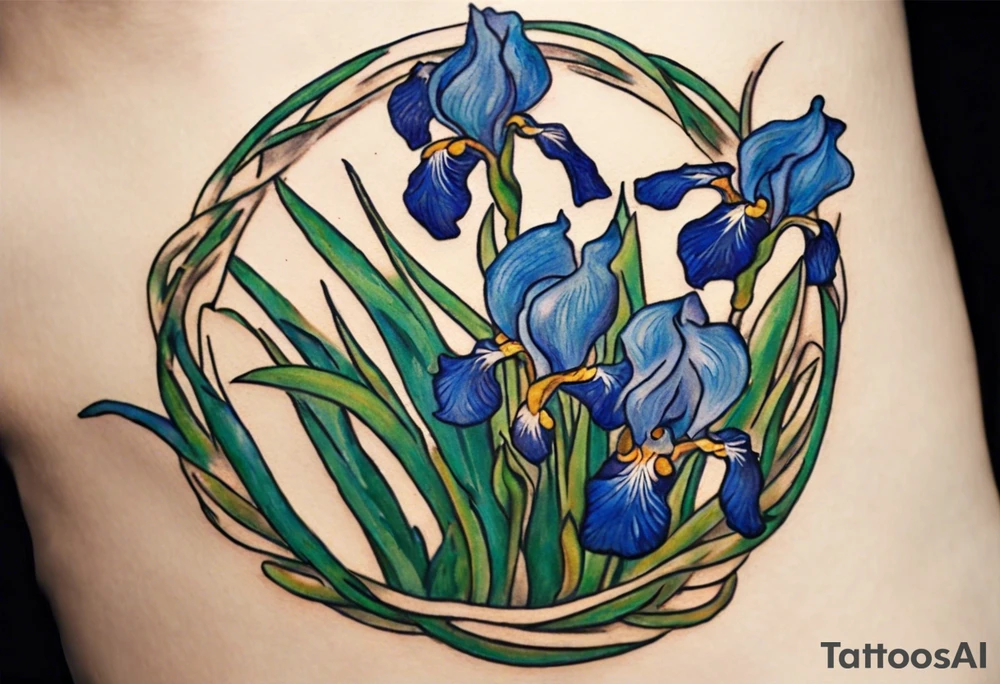 Create a small Vincent van Gogh Irises tattoo. The tattoo should take the form of a crescent, with vines gracefully intertwining at a central point in the middle of the wreath with a bird. The intended placement is on the upper chest. The overall design should be small in size while maintaining a delicate and artistic aesthetic. Pay attention to the graceful flow of the vines and the placement of the irises to achieve a refined and elegant look. tattoo idea
