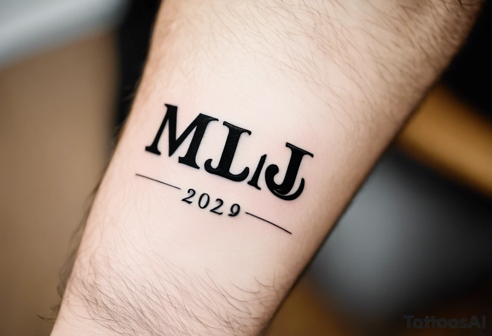 small tattoo on the forearm of a man with the initials MLJ, date of birth 22/09/22 in the style of a moluccan tattoo tattoo idea