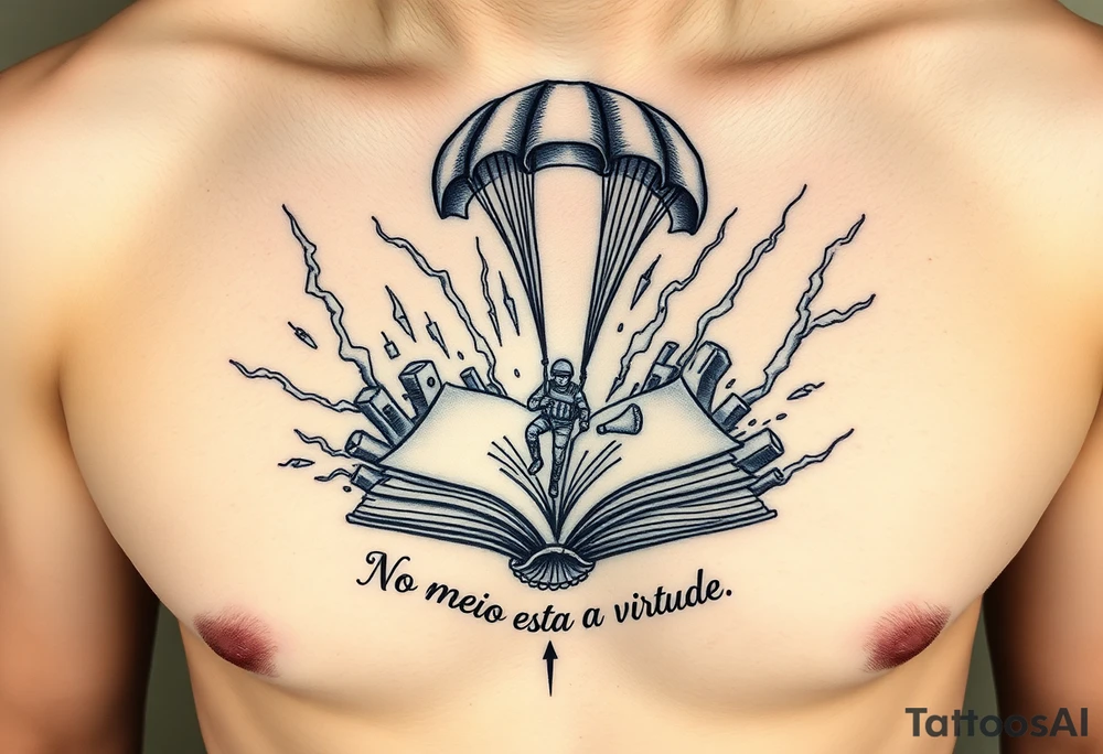 A parachuting soldier landing into an open book. Chaos surrounding, but the book is protecting the soldier from it. On the chest. Make it smaller. Make it thought provoking. "No meio esta a virtude" underneath the book. Make the chaos in the environment be a thunderstorm tattoo idea