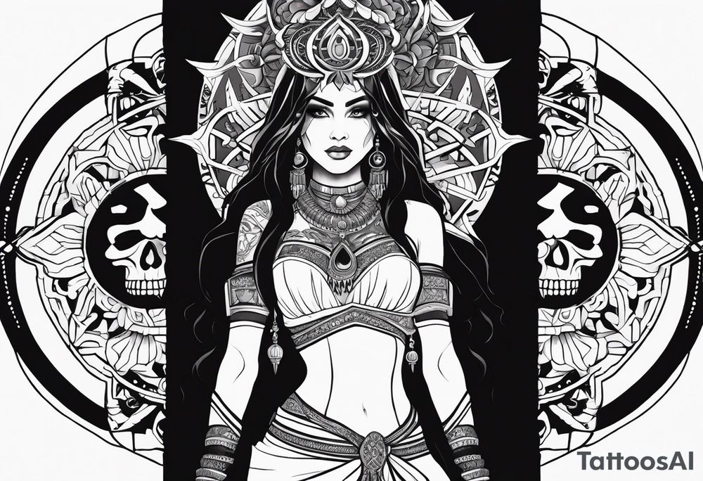 kali ma, alien goddess, valkrye, aries, pirate, divine feminine, zenza resonance, pachamama, lotus azul, blank panther, eagle, skull, 5D, nueva gaya, dna 12, left side chest tatoo tattoo idea