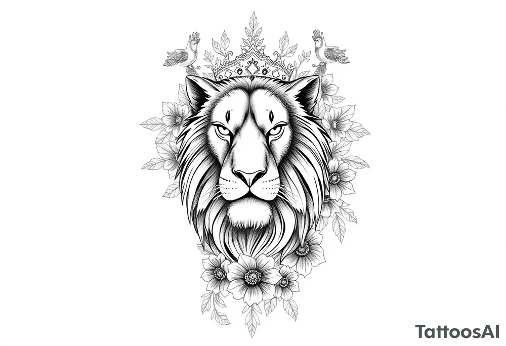 powerful majestic lion with a crown, surrounded by floral ornaments and birds tattoo idea