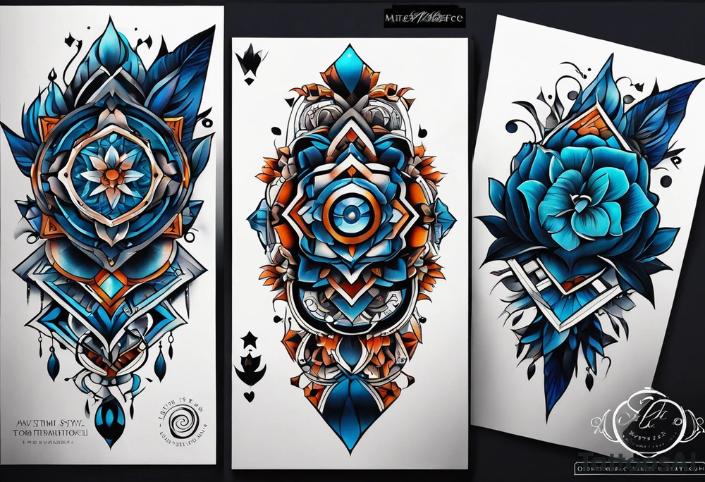 semi Detailed neo traditional knee tattoo flat on paper. The tattoo features geometric patterns and bold lines, creating a visually striking design with slight tints of deep fall colors. outside the tattoo features deep blues washes and water swirls tattoo idea