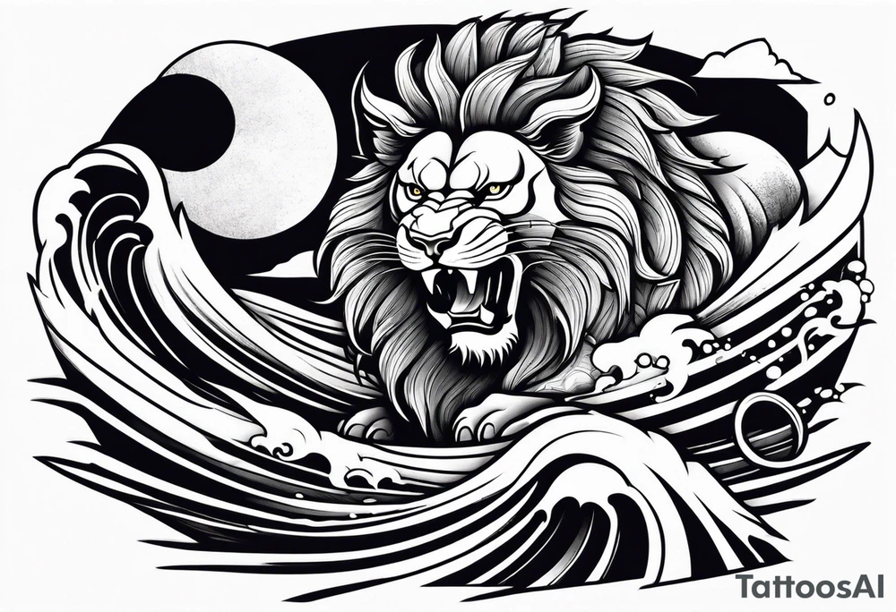 japanese lion wearing samurai with big wave on baclground tattoo idea