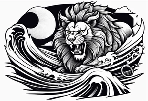 japanese lion wearing samurai with big wave on baclground tattoo idea