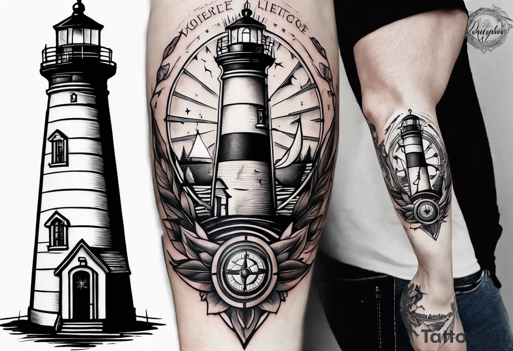 old school lighthouse and a compass to wrap around forearm tattoo idea