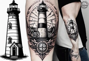old school lighthouse and a compass to wrap around forearm tattoo idea