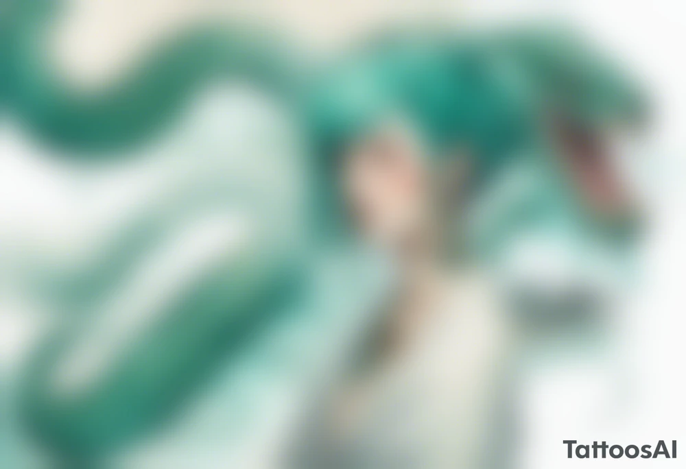 an Irish woman with teal hair wearing a white robe next to a sea-serpent tattoo idea