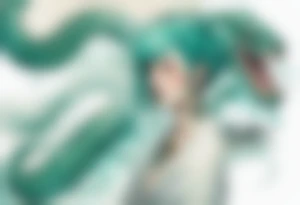 an Irish woman with teal hair wearing a white robe next to a sea-serpent tattoo idea
