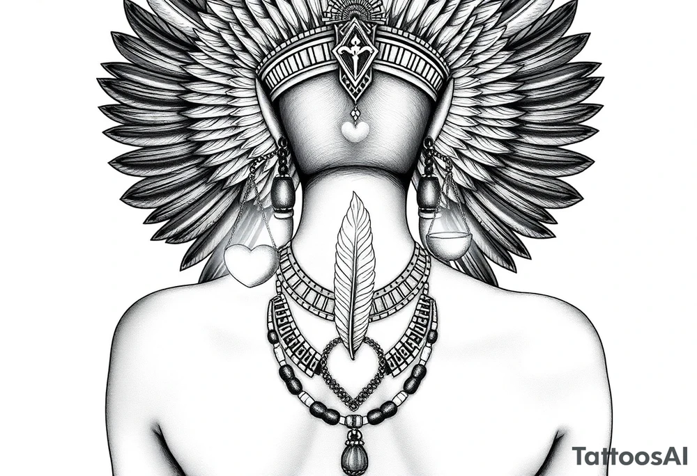 Beautiful Egyptian goddess woman, depicted as a regal woman with an ostrich feather headdress, and intricate ancient Egyptian jewelry, the Anhk necklace. Background includes something similar to heaven, as one is walking into it. Incorporate the Scales of Justice—one side holding a heart, the other Ma’at’s feather—glowing with ethereal energy. Emphasize dramatic lighting, deep shadows, and surreal, mystical atmosphere tattoo idea