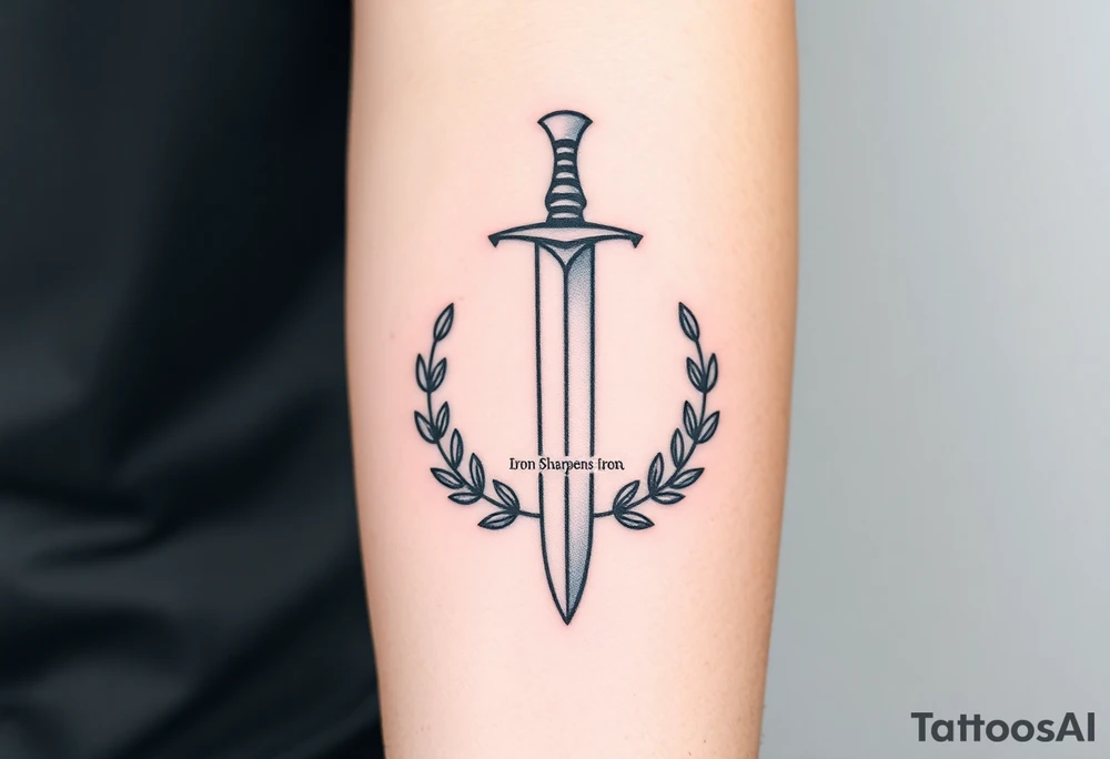 Tattoo sketch of a sword surrounded by olive branches, symbolizing strength and peace. “Iron Sharpens Iron” written subtly on the blade. Simple black linework, forearm tattoo. tattoo idea