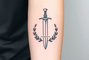 Tattoo sketch of a sword surrounded by olive branches, symbolizing strength and peace. “Iron Sharpens Iron” written subtly on the blade. Simple black linework, forearm tattoo. tattoo idea