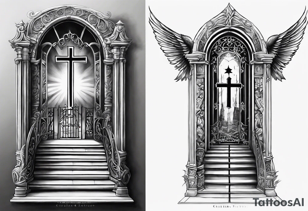 Christian tattoo forearm, stairs to heaven bottom has death and the top has the gates, behind the gates is the cross tattoo idea
