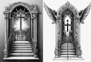 Christian tattoo forearm, stairs to heaven bottom has death and the top has the gates, behind the gates is the cross tattoo idea