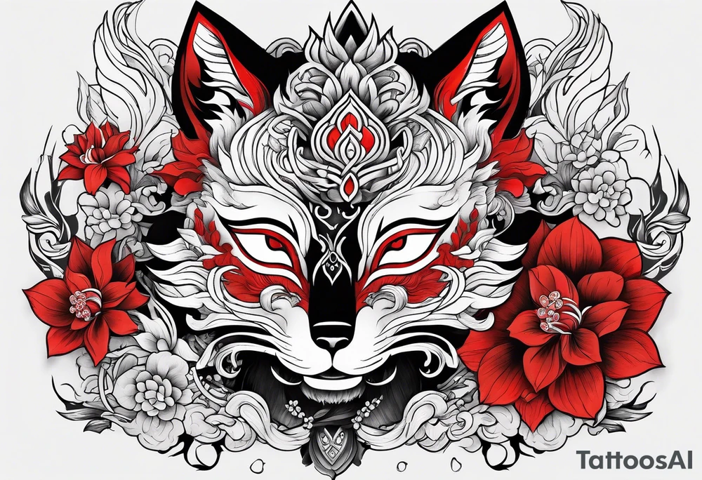 mask , kitsune , red flowers tattoo idea