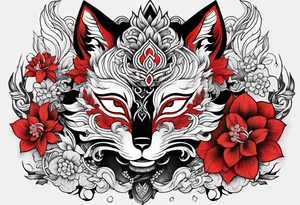 mask , kitsune , red flowers tattoo idea