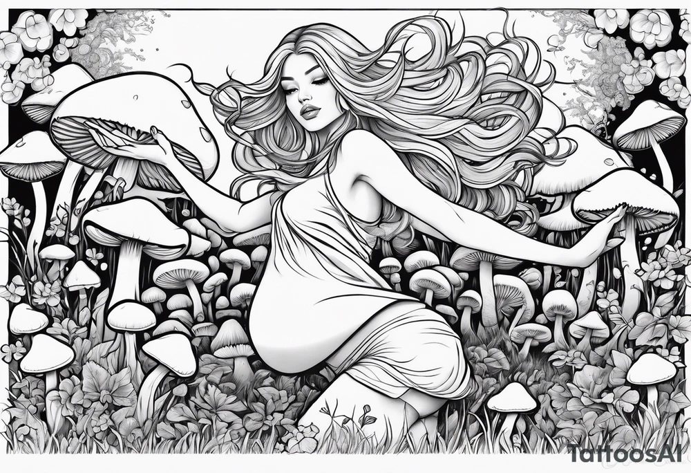 Blonde chubby Girl dancing in field of mushrooms tattoo idea