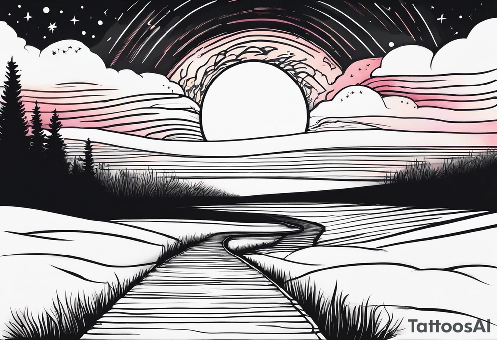 Design: A winding path leading toward a distant aurora in the sky, with soft waves of color representing the Northern Lights. Along the path, you could depict twilight slowly transitioning to dawn, symbolizing growth and progress. tattoo idea