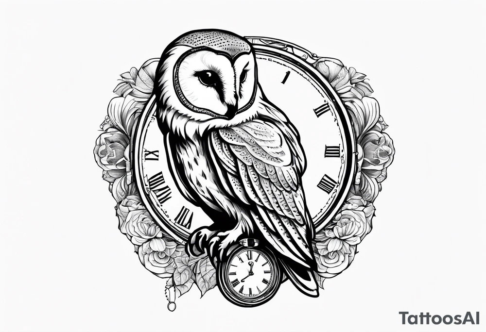 Barn owl holding a pocket watch with the time set at 1:43 tattoo idea