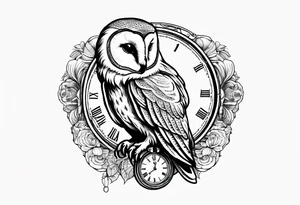 Barn owl holding a pocket watch with the time set at 1:43 tattoo idea